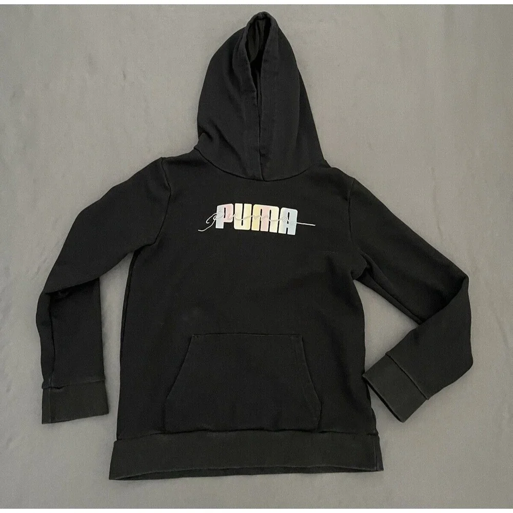 Puma Girl Size Large 14/16 Black Logo Graphic Long Sleeve Hoodie Sweater